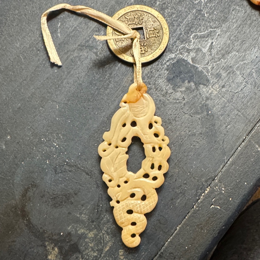 Antique Chinese Carved Jade Pendant with a Ancient Coin